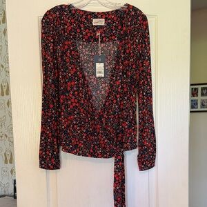 Universal Thread Floral Wrap Blouse - Red and Black
